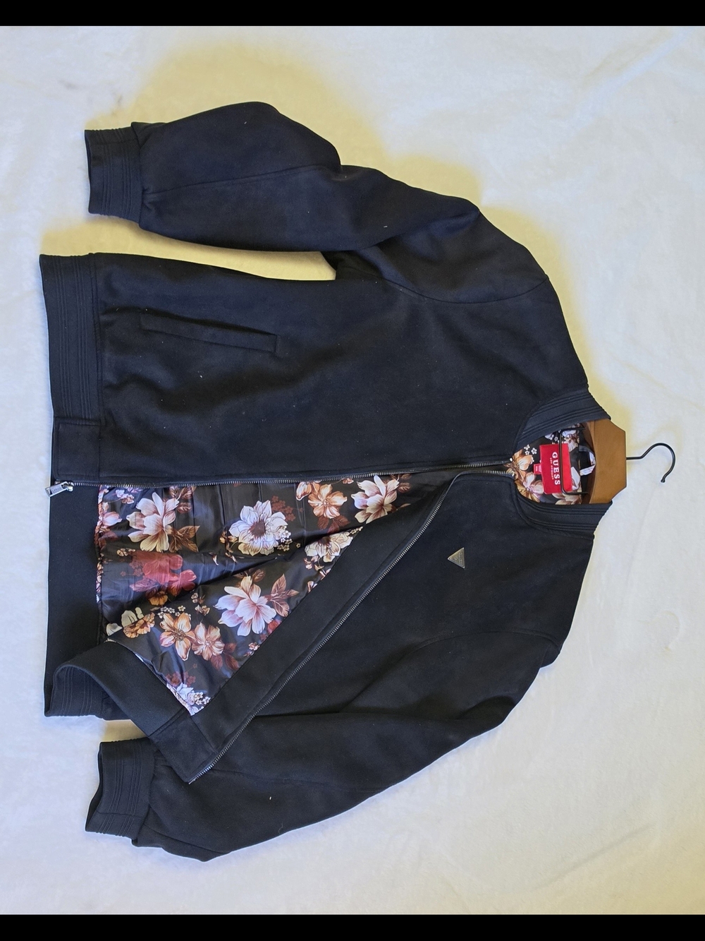 Guess Black Suade Bomber Jacket with Floral Lining - Men XXL